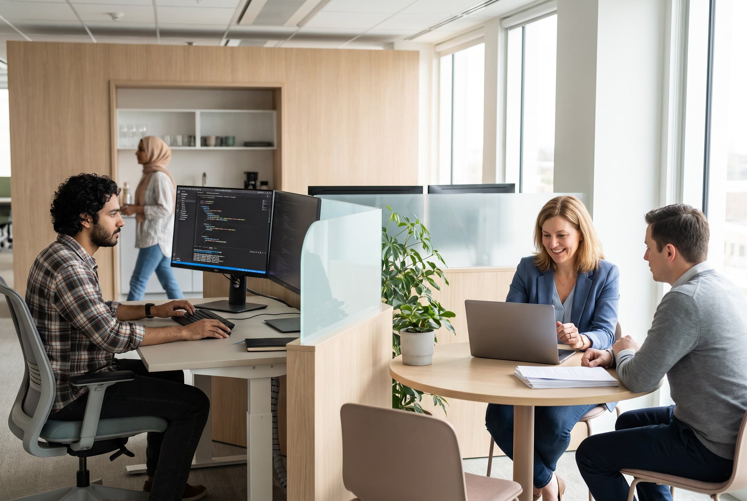 A coding desk and a career-services meeting table visible together in the same connected office space