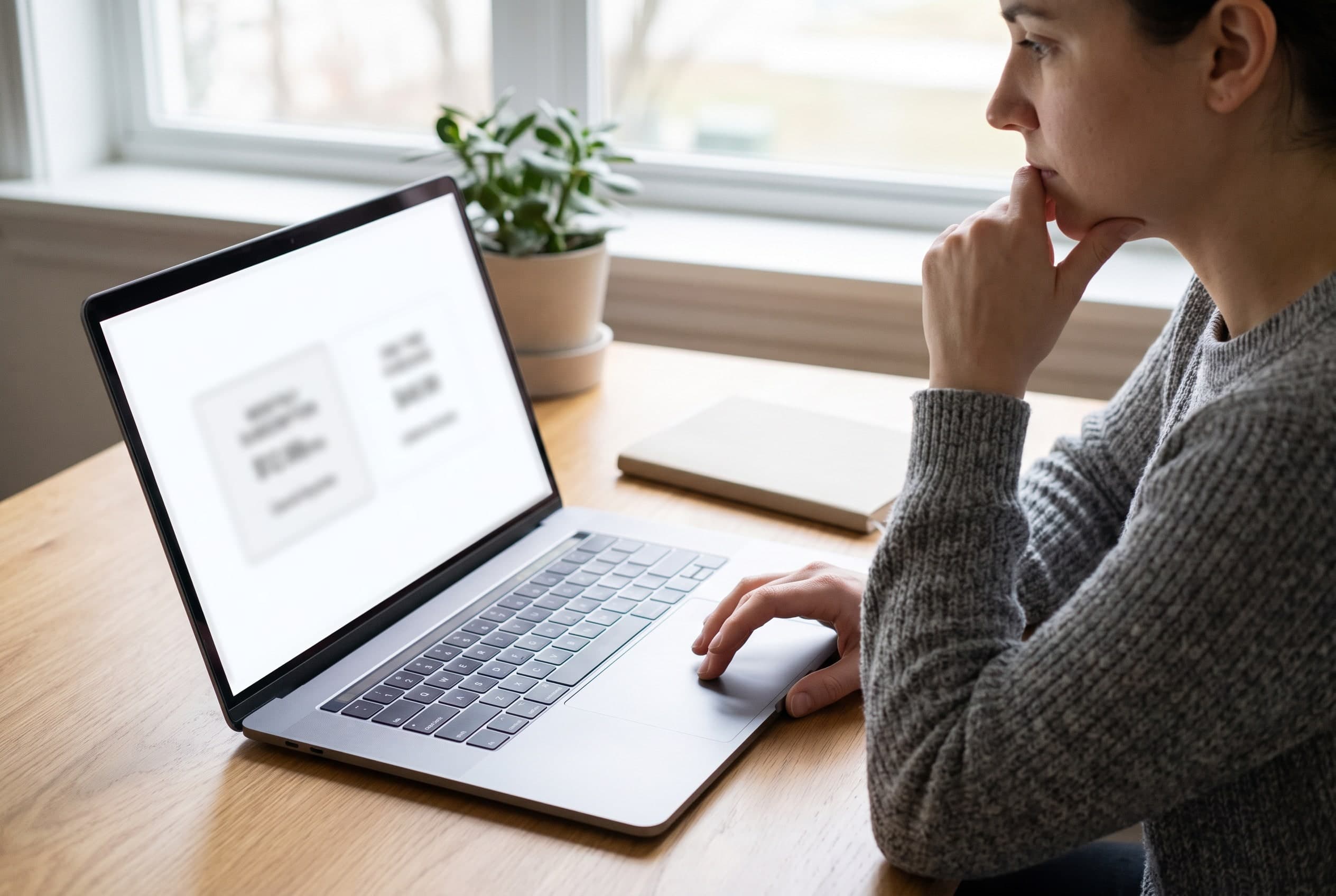 Someone at a laptop comparing subscription plan cards, deciding which level of support fits