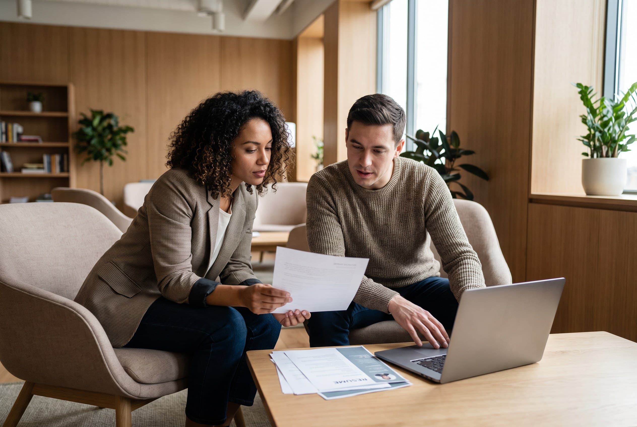 A career coach reviewing a client's material with them, papers and a laptop between them