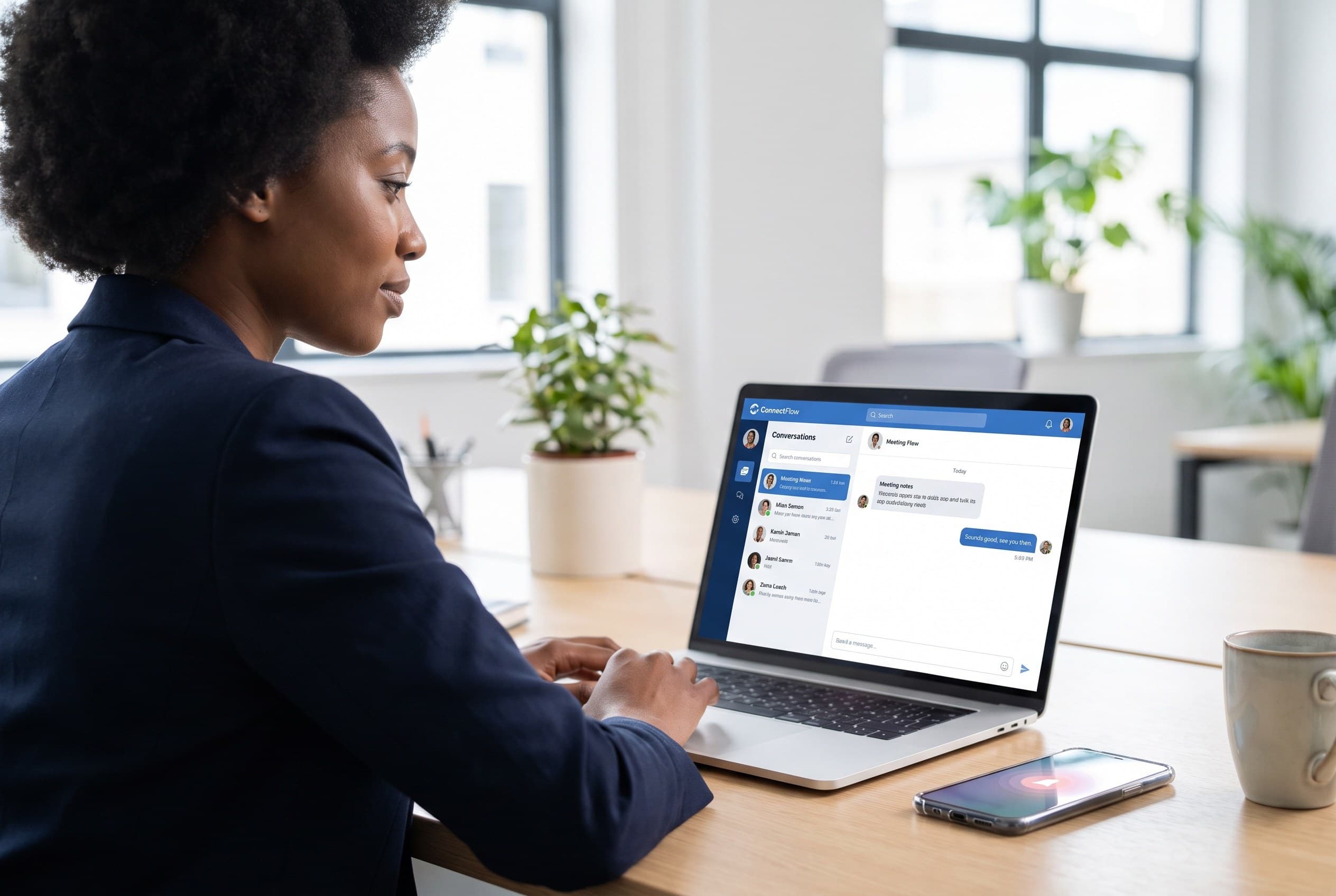 Someone at a laptop with a messaging app open, a phone with a notification nearby