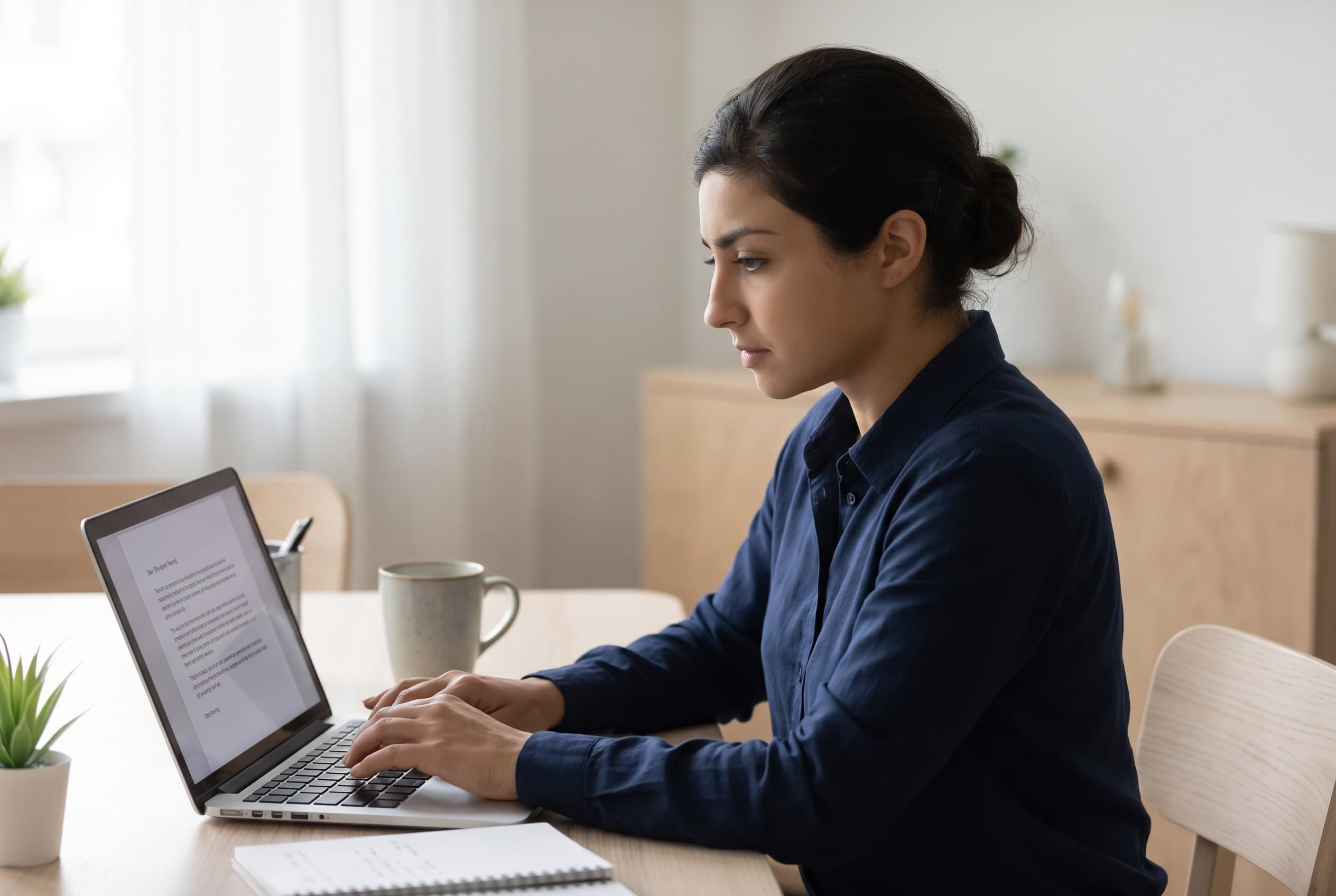 Someone typing a cover letter on a laptop, a greeting line and paragraph structure visible on screen