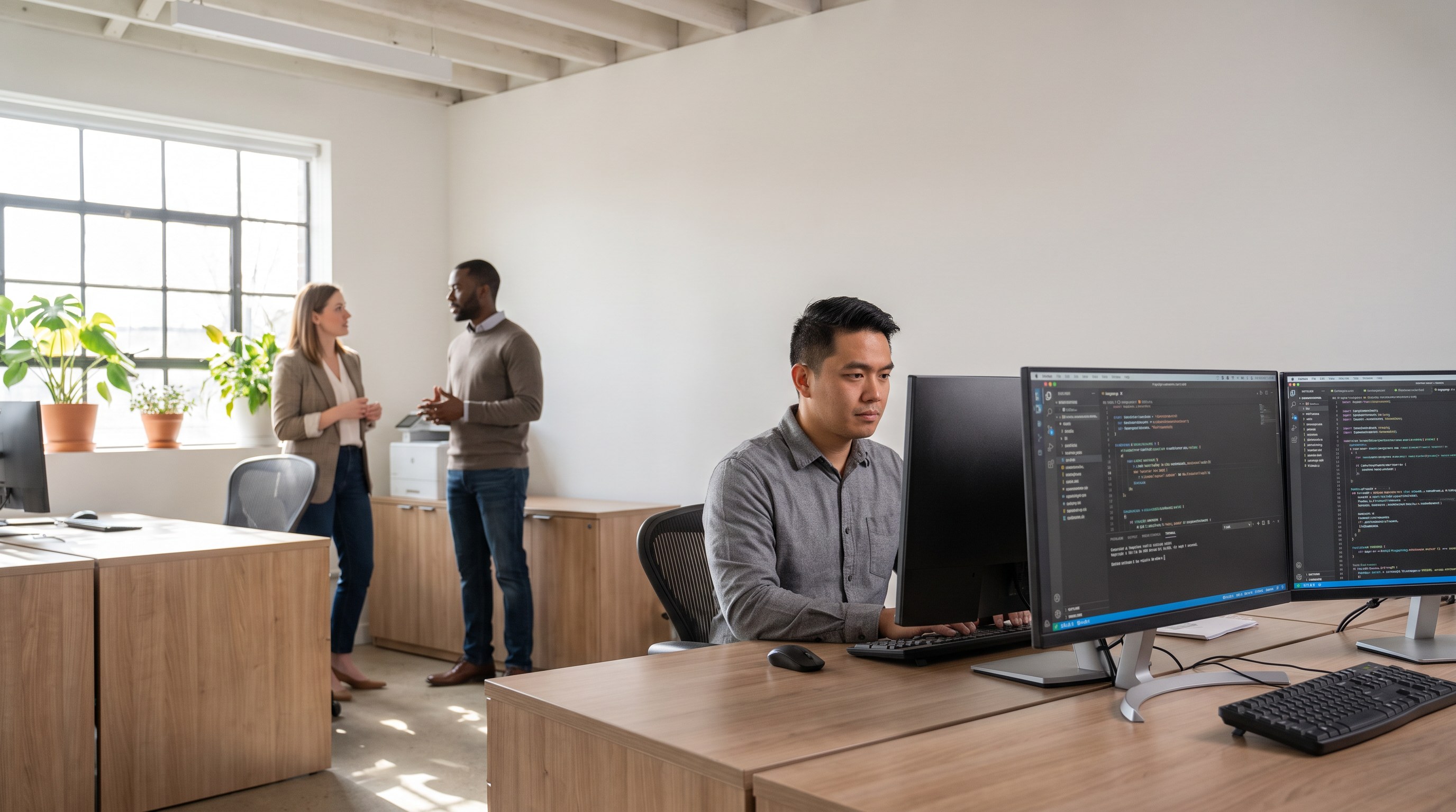 An office floor with one person coding at a dual-monitor desk and two colleagues in conversation further back