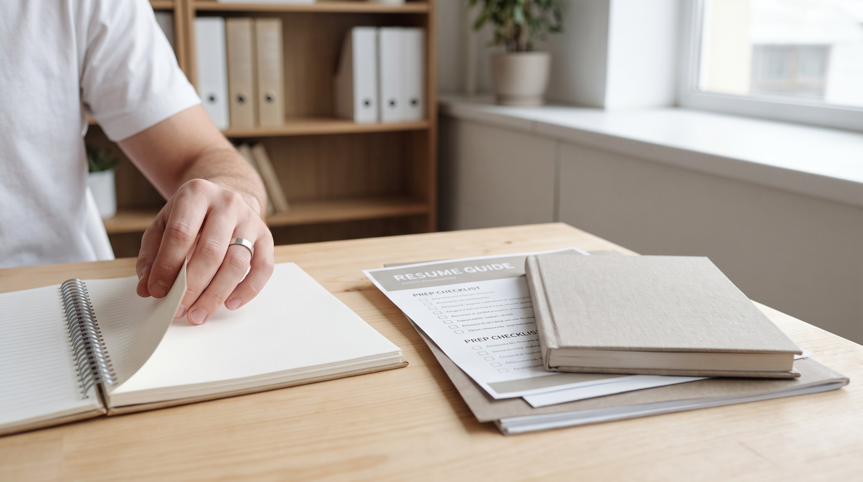 A hand reaching for a notebook beside a printed resume guide and checklist on a desk