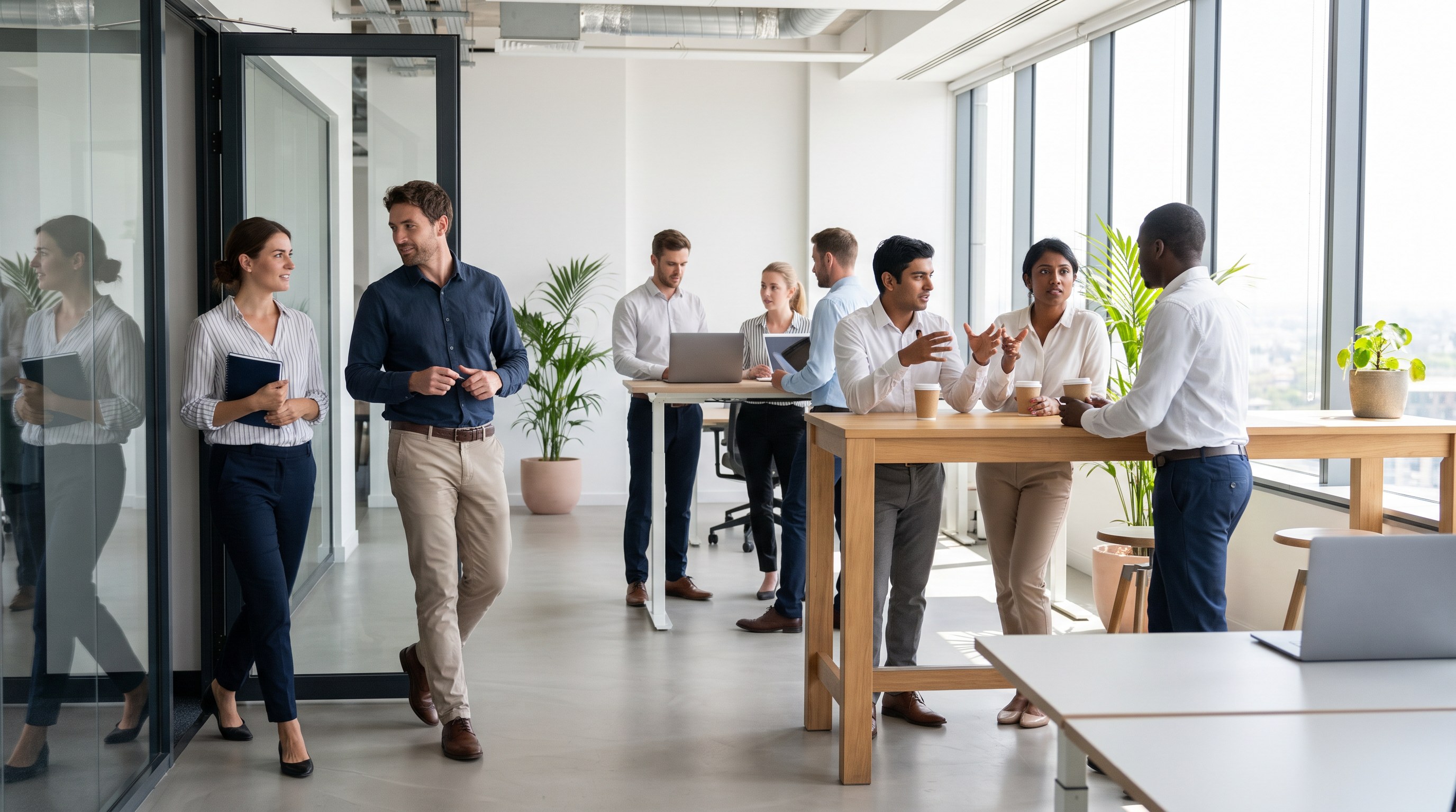 An energetic office floor with people arriving and in conversation near large windows