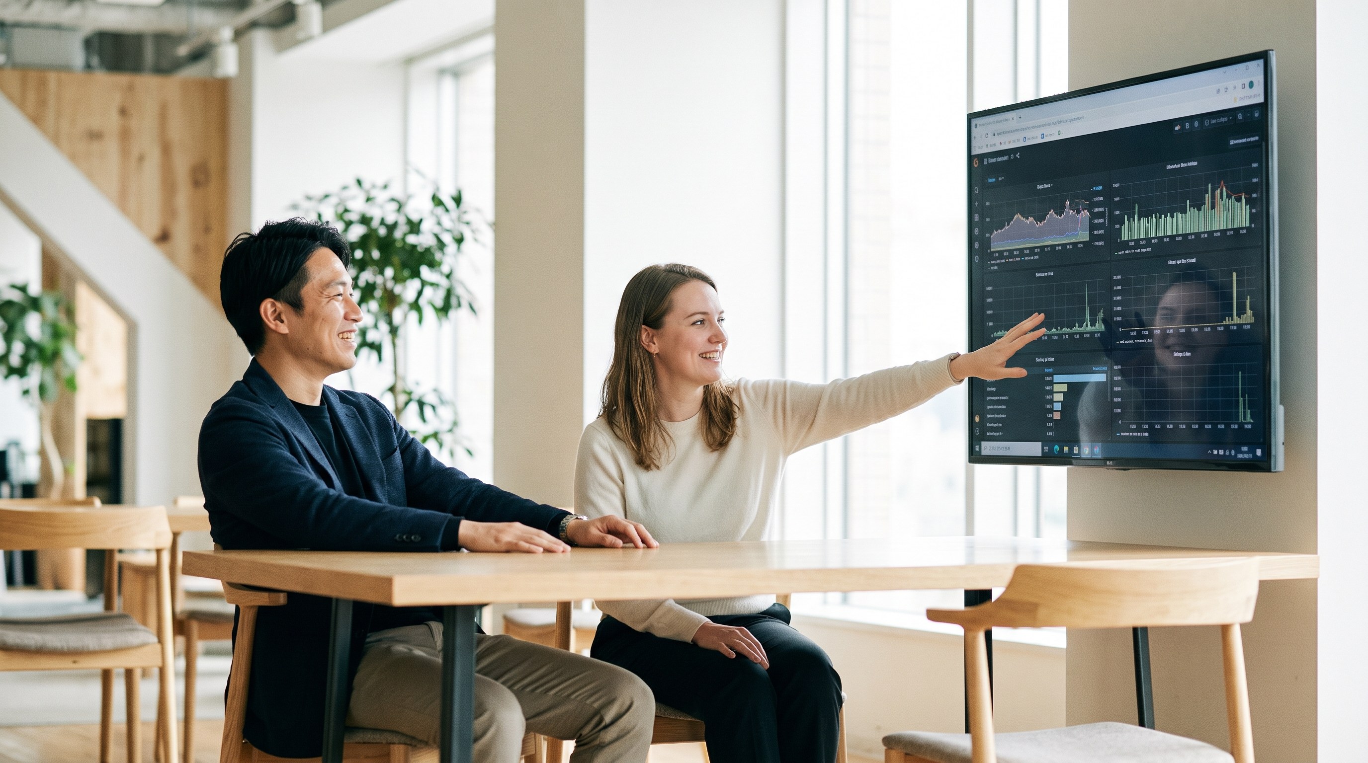 Two people reviewing a dashboard of results together, satisfied and settled
