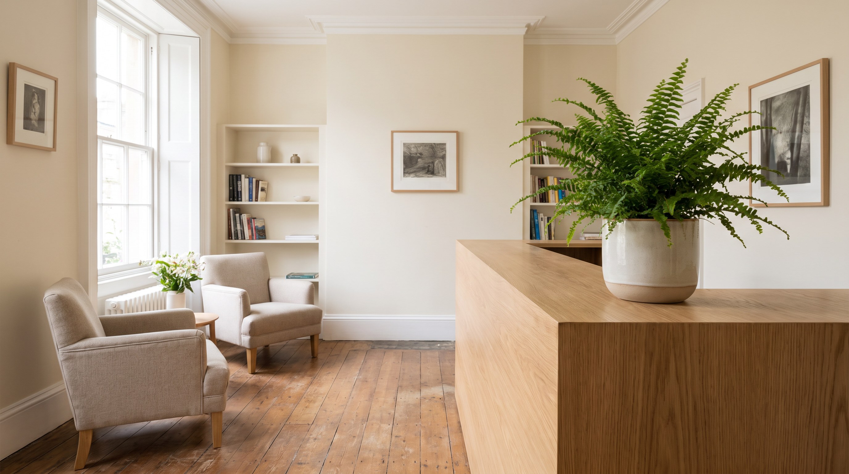 A welcoming reception interior with soft window light