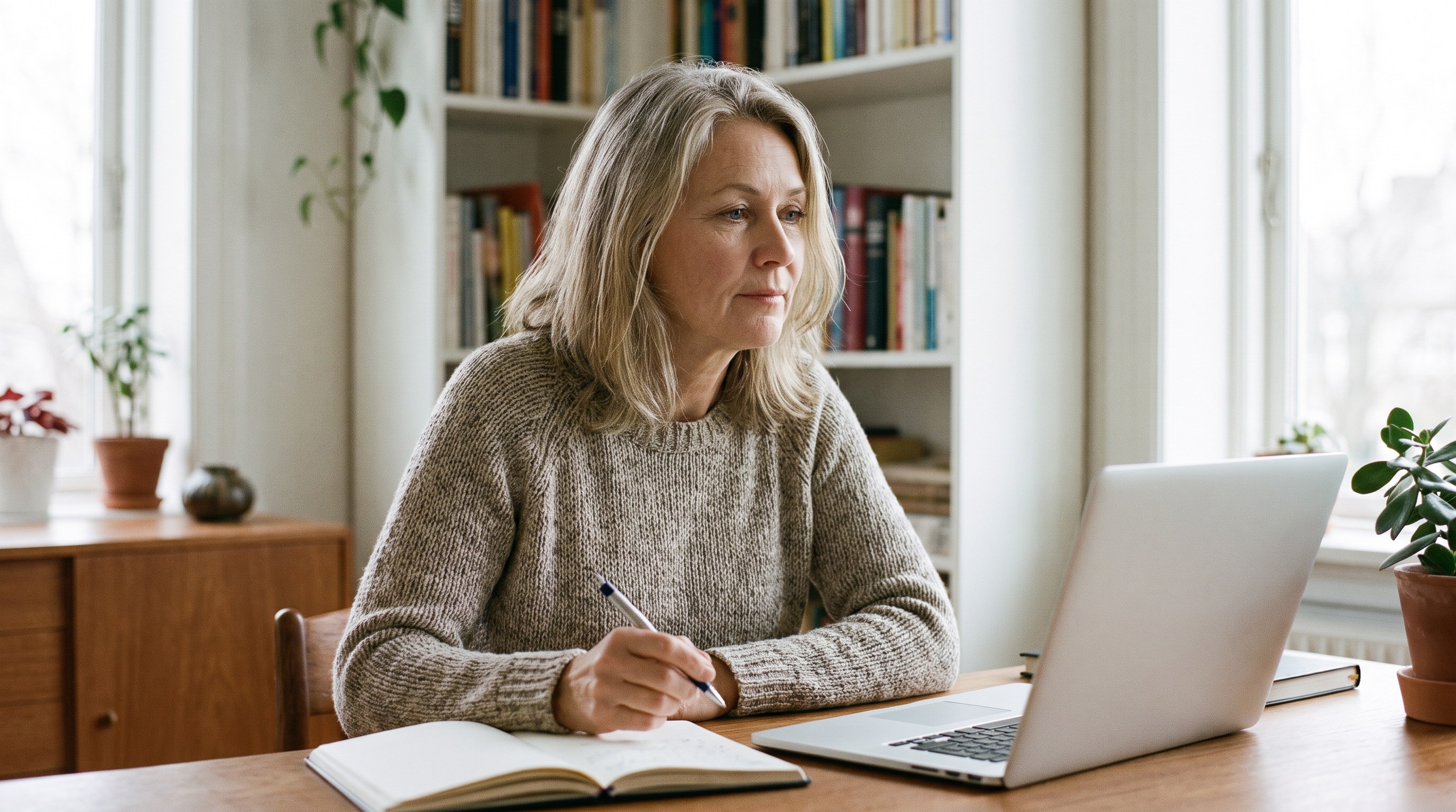 Someone writing in a notebook beside an open laptop, a bookshelf in the background