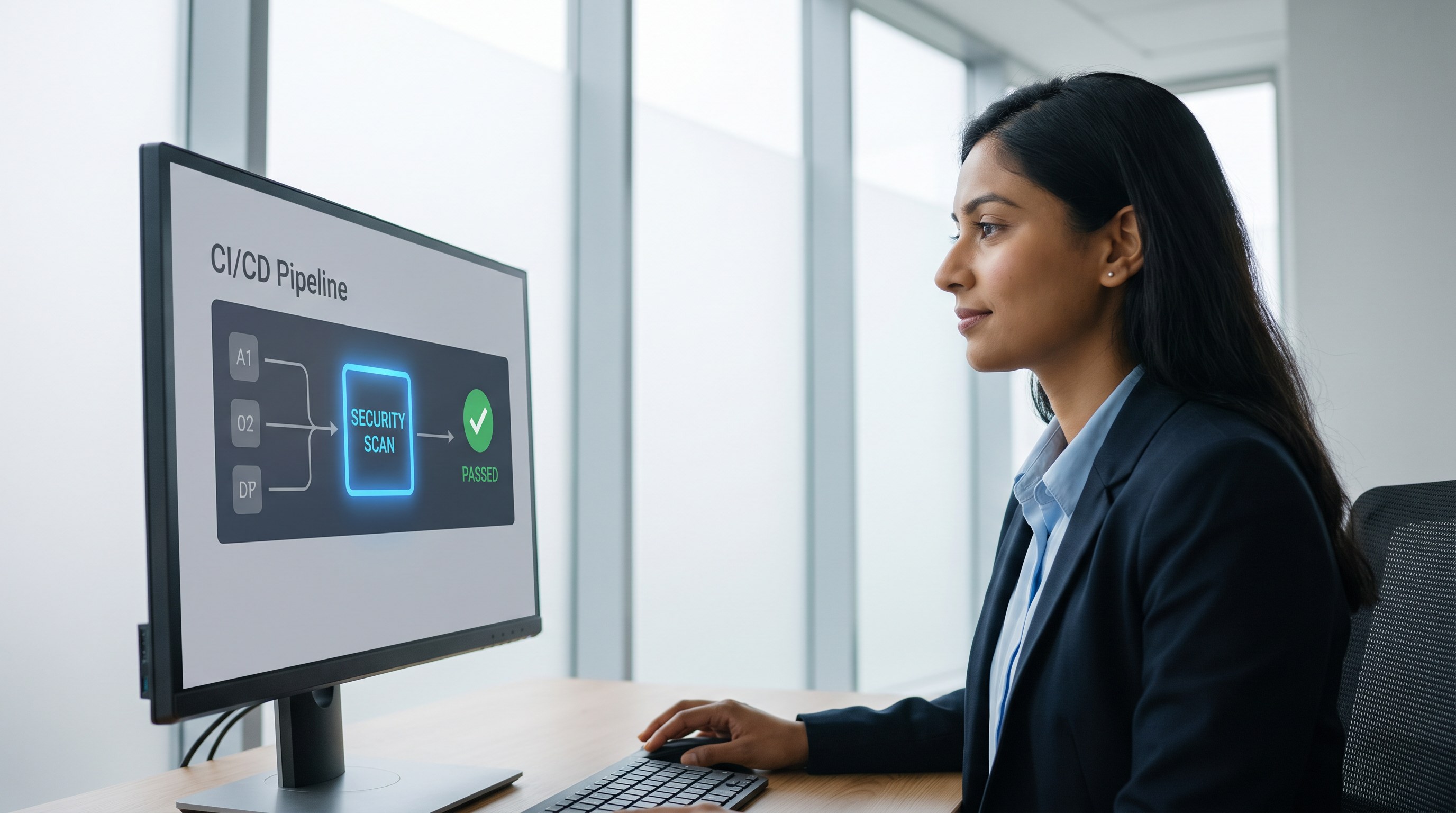 A CI/CD pipeline dashboard with a security scan stage highlighted and passed, someone reviewing the screen