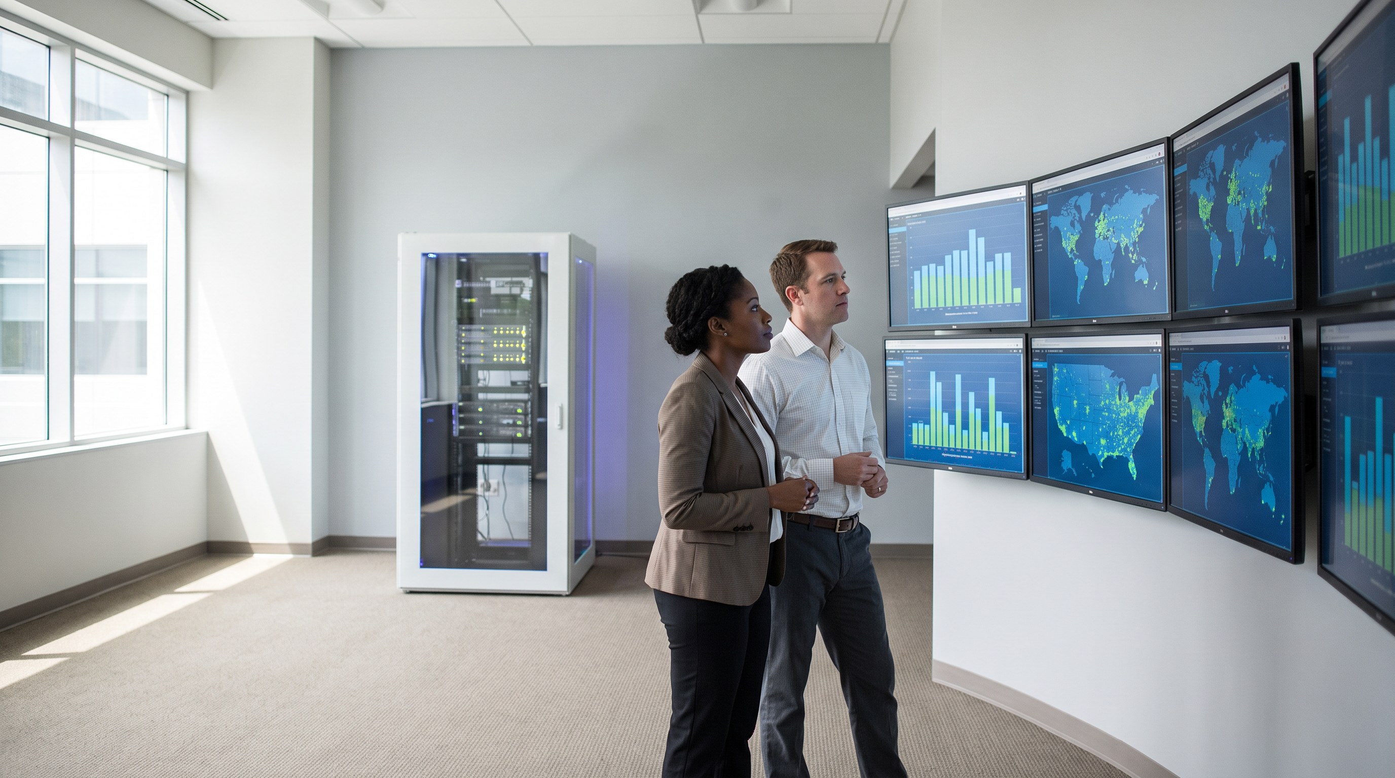 Two people reviewing a wall of monitors showing network topology and uptime dashboards, with a server rack visible in the room