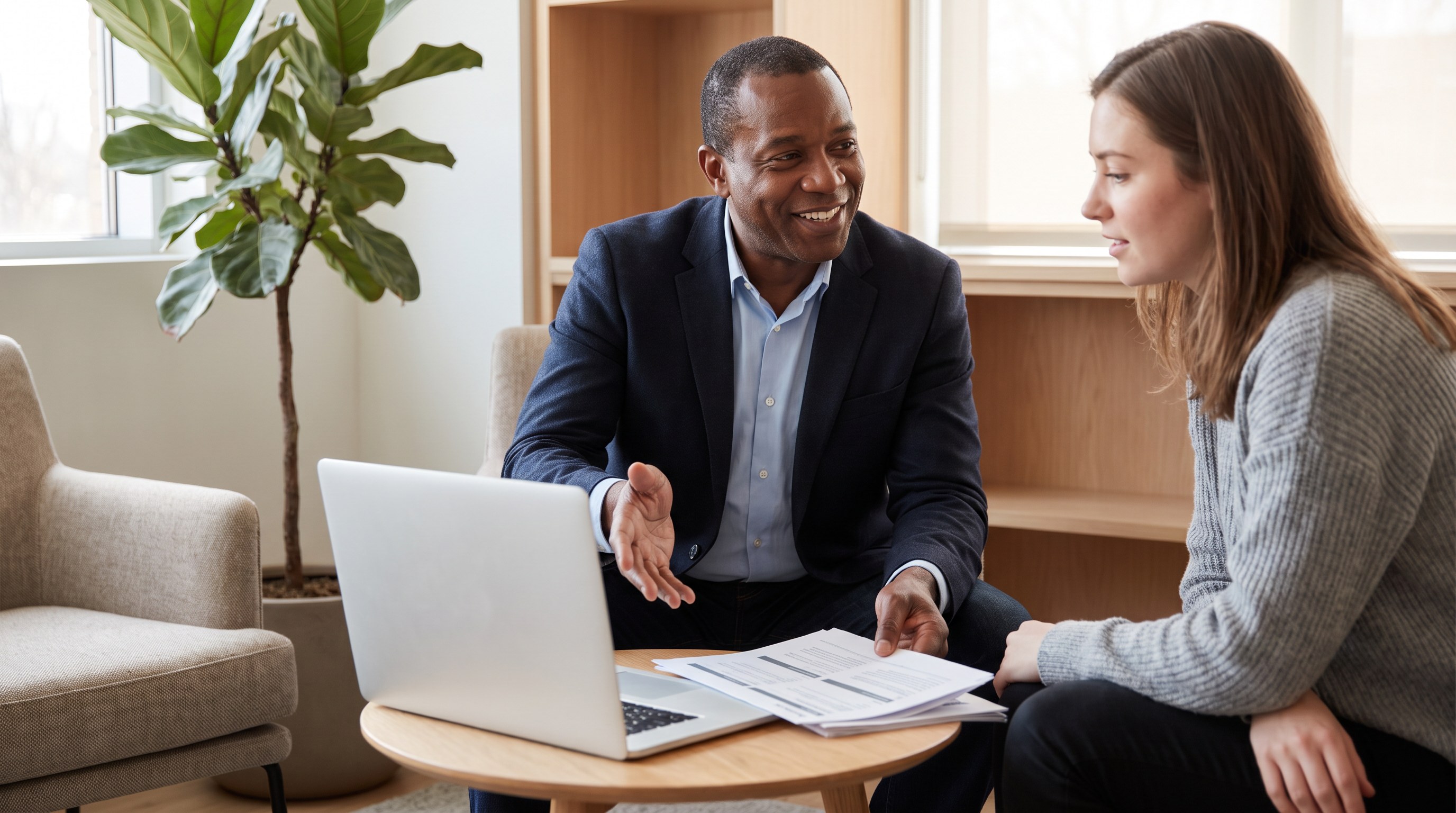 A career coach and a client in conversation over a laptop and papers on a coffee table
