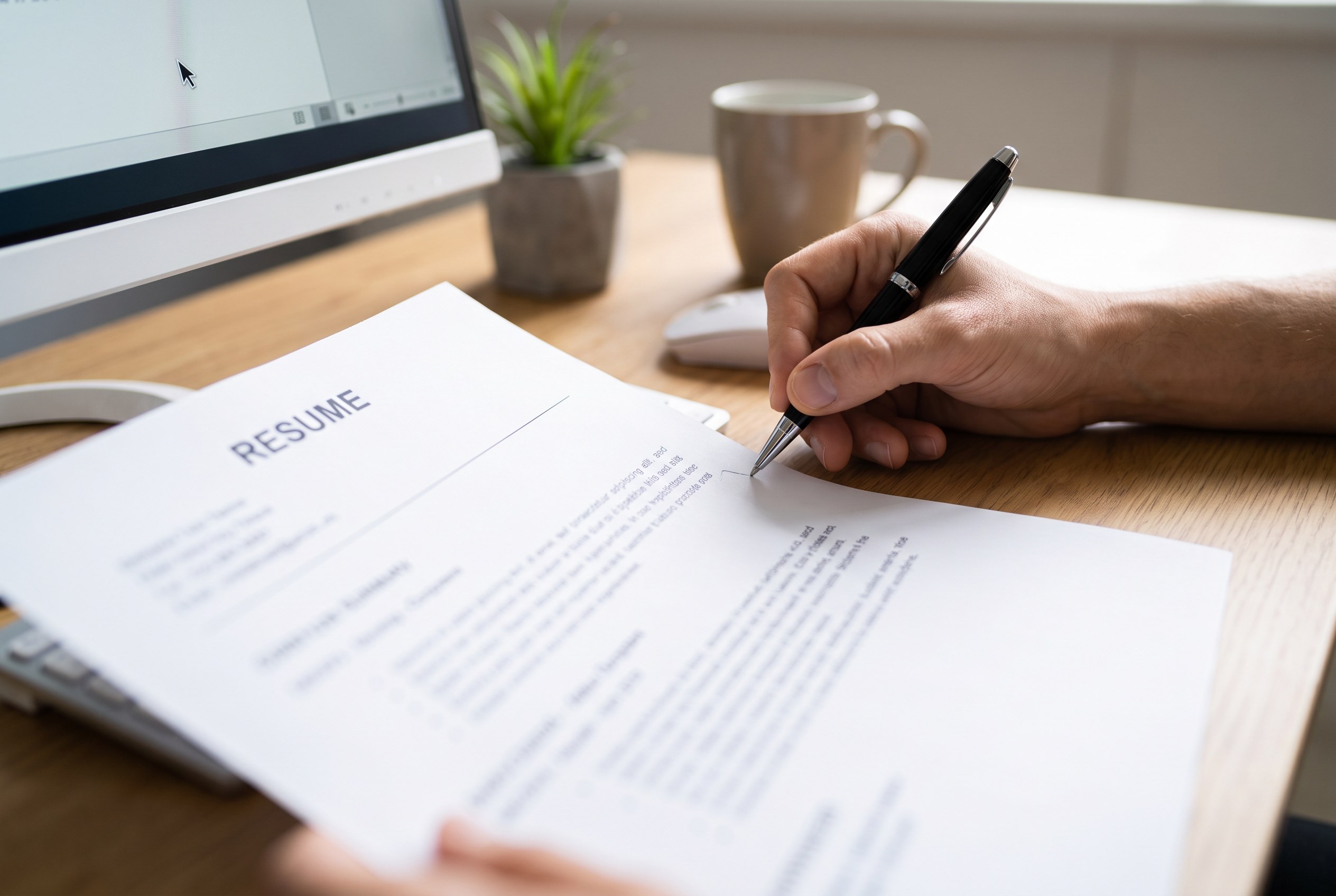 A hand marking up a printed resume with a pen beside a computer screen