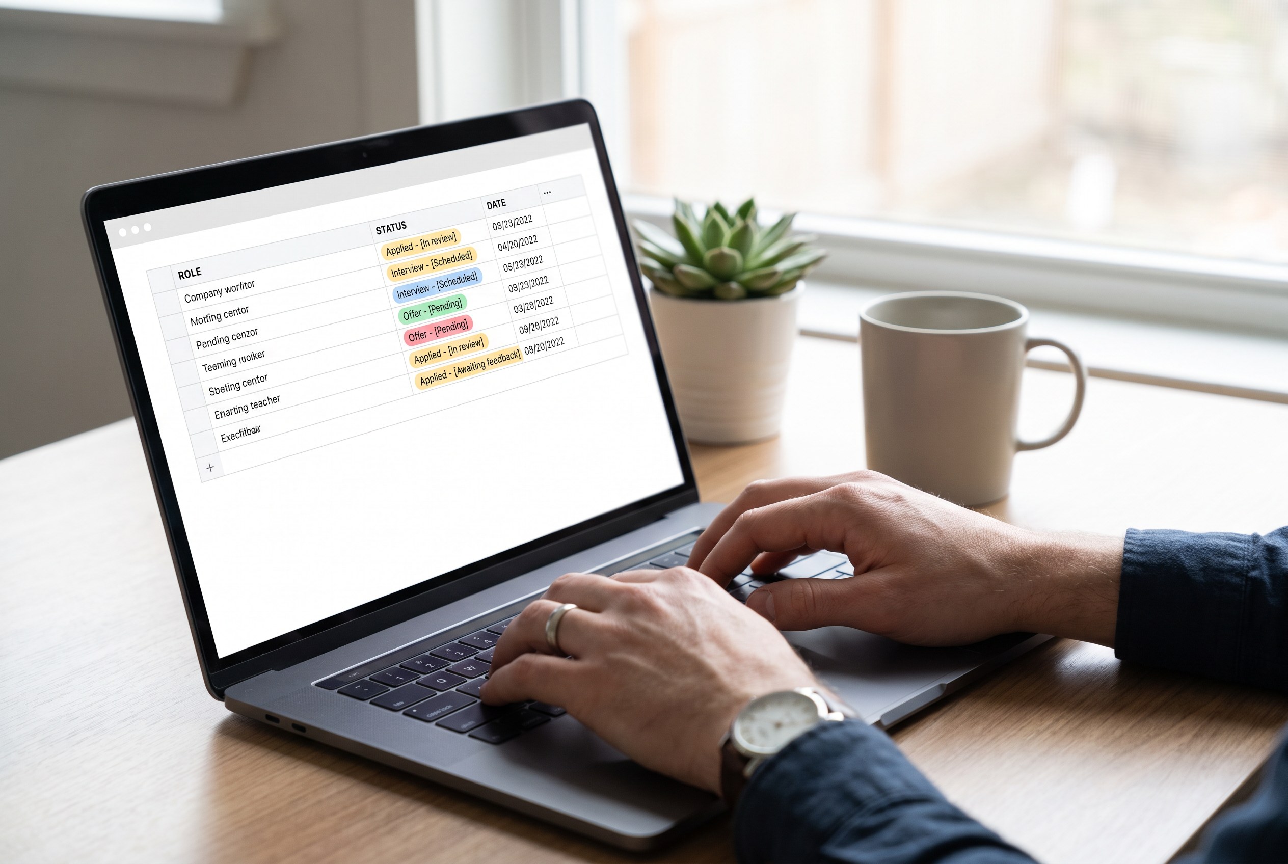 A laptop screen showing a job-application tracker with Applied, Interview, and Offer status labels