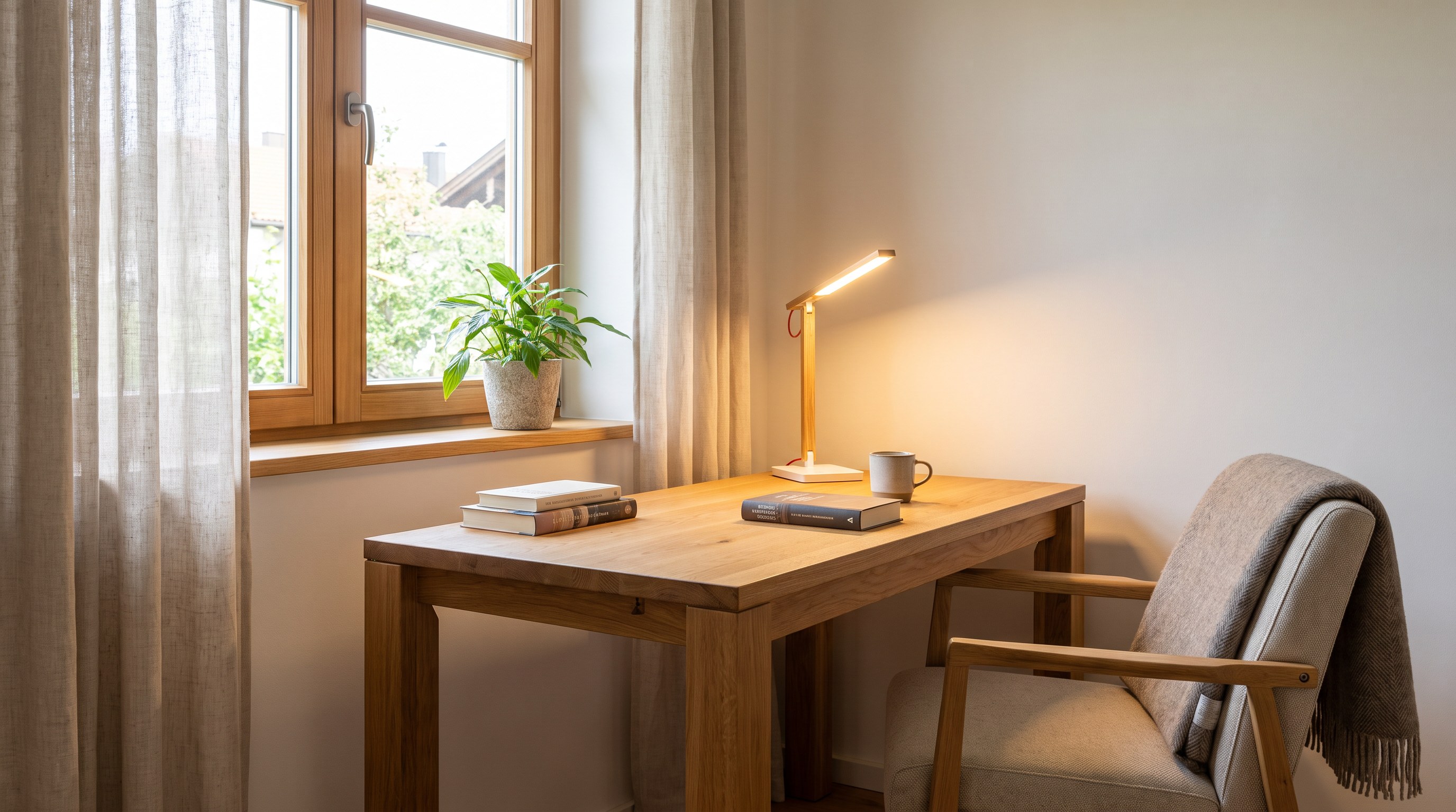 A soft-focus interior with a window and a desk lamp
