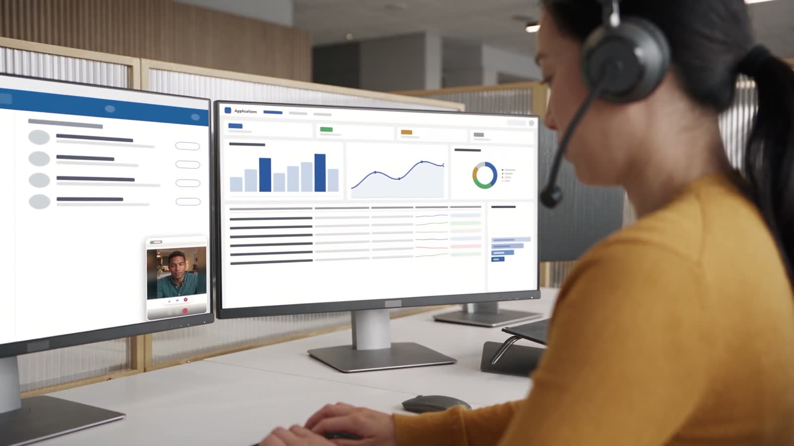 A specialist's dual monitors seen over their shoulder — a client on a video call on one screen, an outreach dashboard on the other.