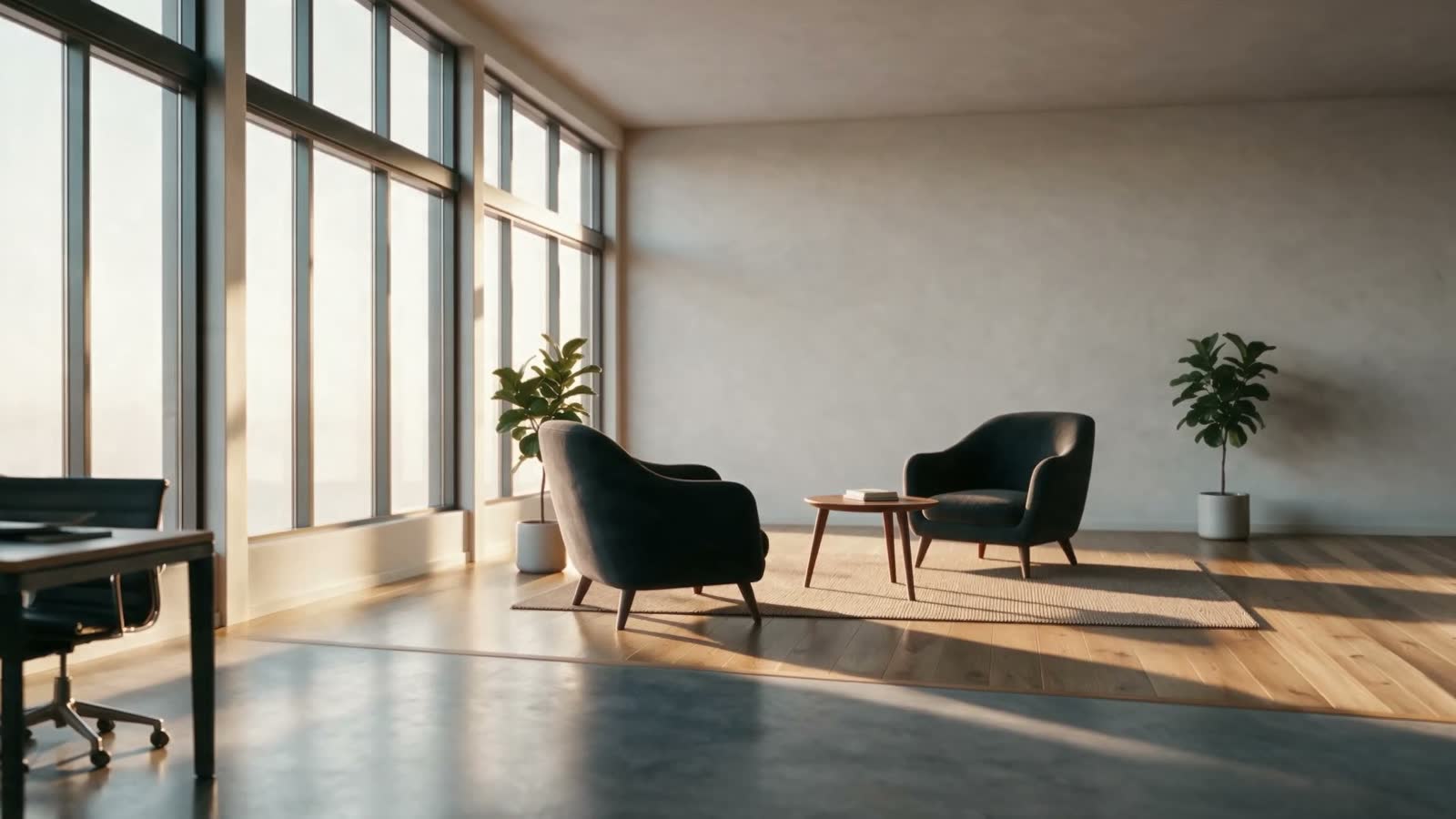 Two armchairs facing each other by the window at the working end of the Fontech floor.